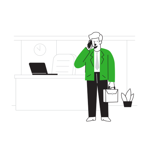 A business professional standing in an office, talking on the phone, holding a briefcase, and wearing a green blazer.