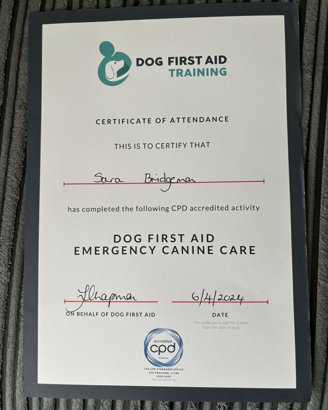 Always lovely to learn new things and my Canine First Aid course was brilliant. I&rsquo;m now covered for another couple of years.