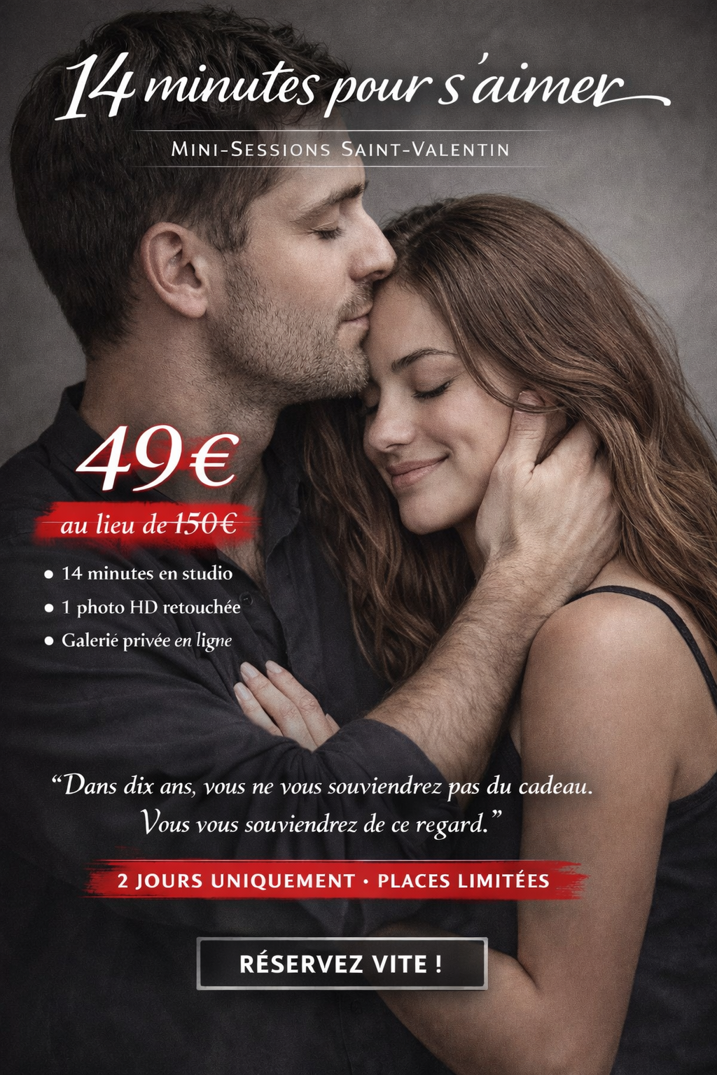 Une affiche promotionnelle pour une session d'amour de 14 minutes, avec une photo d'un couple s'embrassant tendrement, le texte indique une réduction de prix, des détails sur la session, et un appel à réserver rapidement.