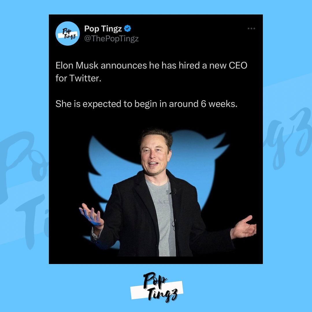 Elon Musk announces he has hired a new CEO for Twitter.

She is expected to begin in around 6 weeks.