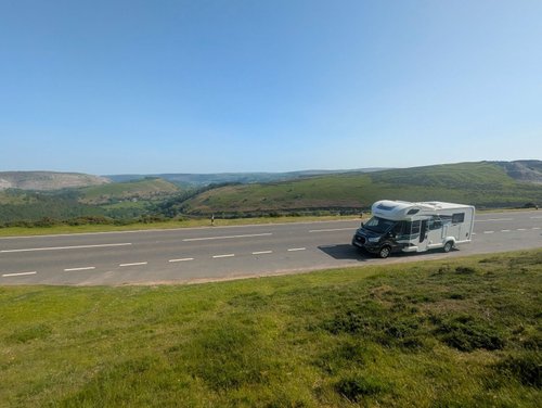 Panoramic view from the Horseshoe Pass during a North Wales motorhome road trip