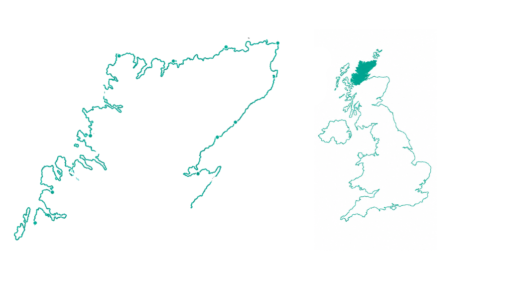 North Coast of Scotland road trip route map showing four sections around the far north and west Highlands