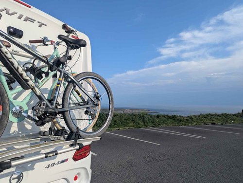 Bikes mounted on the rear bike rack of the Swift Voyager 494 motorhome