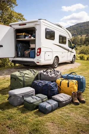 Luggage and touring equipment beside a motorhome