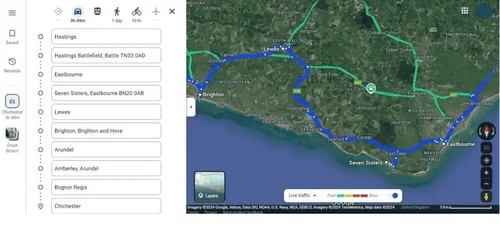 Uncover Britain route planning screenshot showing a mapped UK road trip with stops and planning layers
