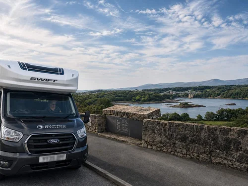 Swift Voyager 494 motorhome near the Menai Strait during a North Wales road trip