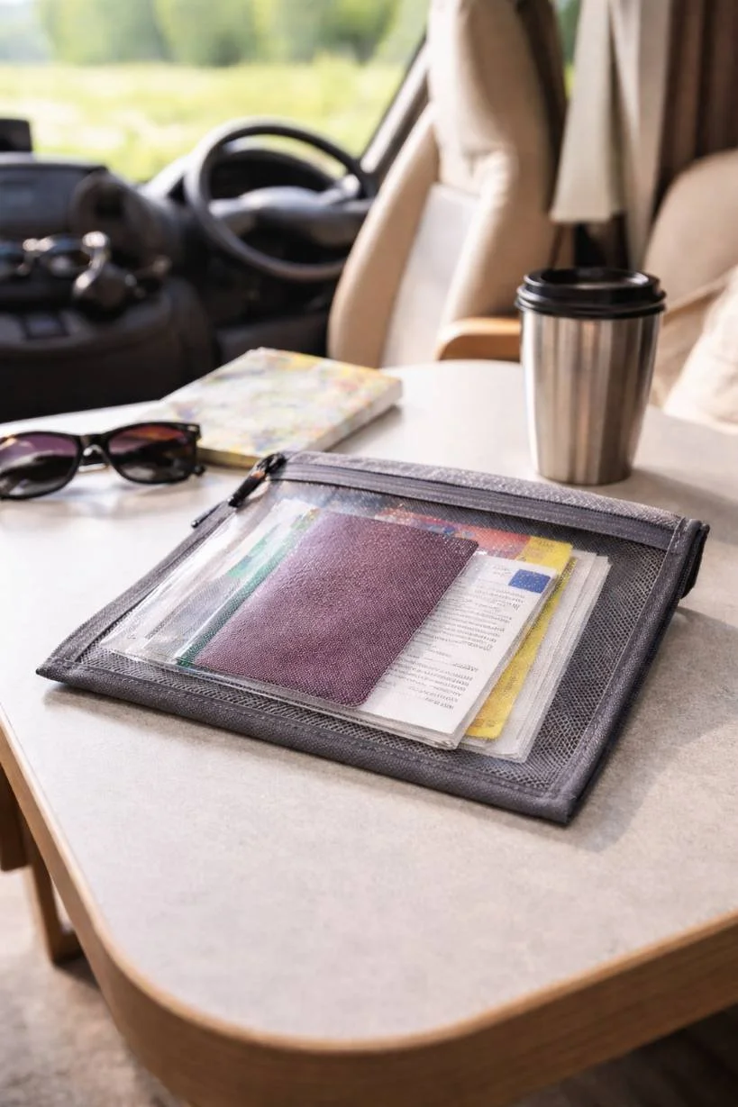 Inside a vehicle with a beige interior, a table with sunglasses, a travel folder with documents, a map, a travel journal, and a reusable coffee cup, with the road and greenery outside visible through the windshield.