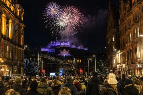Edinburgh at New Year during a winter Hogmanay celebration
