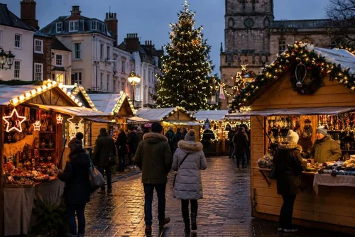 Traditional Christmas market in a British town with festive lights and stalls