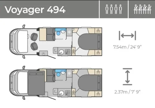 Swift Voyager 494 motorhome layout showing the island bed, lounge, kitchen and washroom arrangement