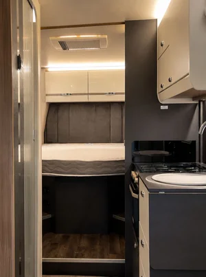 Rear island bed inside the Swift Voyager 494 motorhome