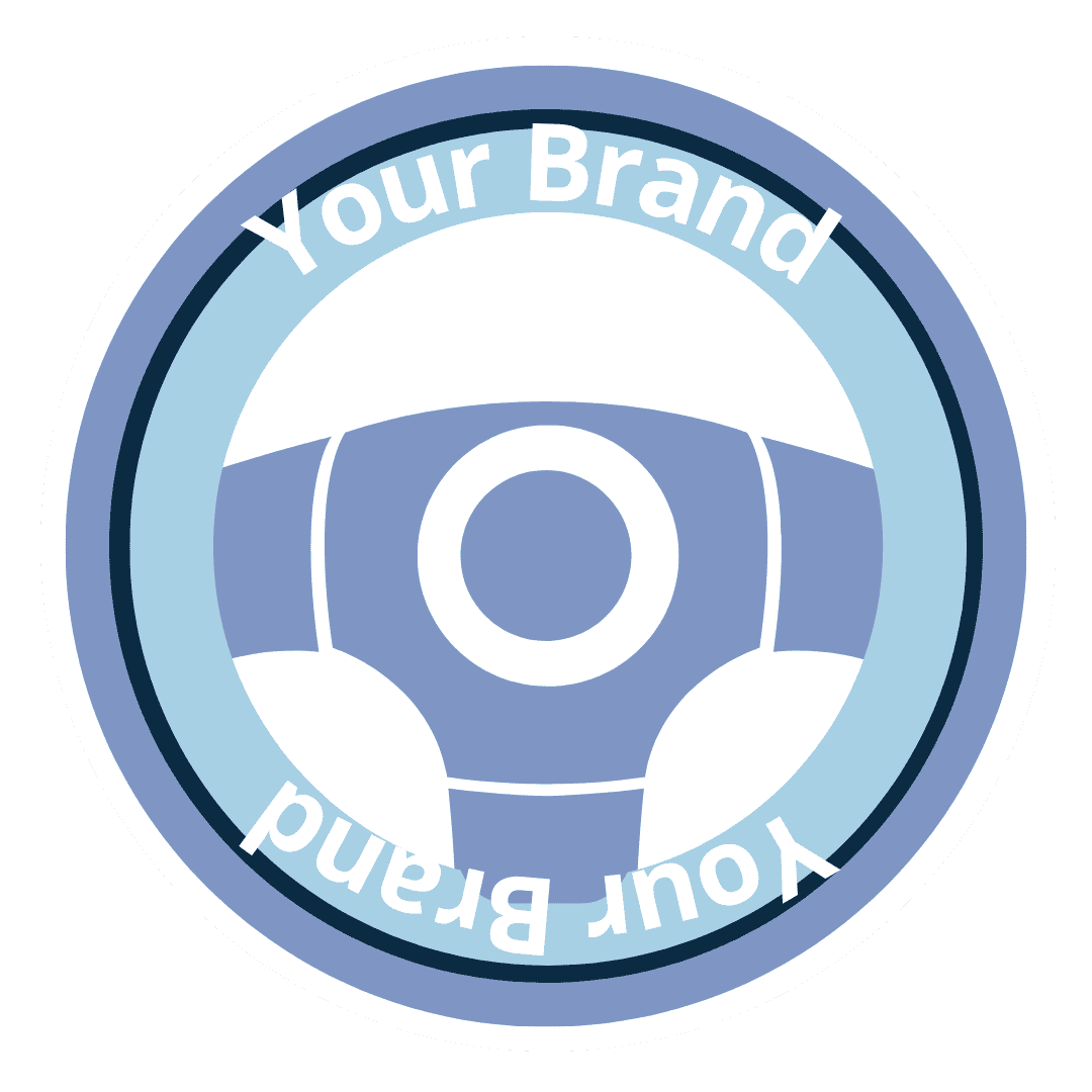 A circular logo with a steering wheel in the center and the text "Your Brand" written around the top and bottom.