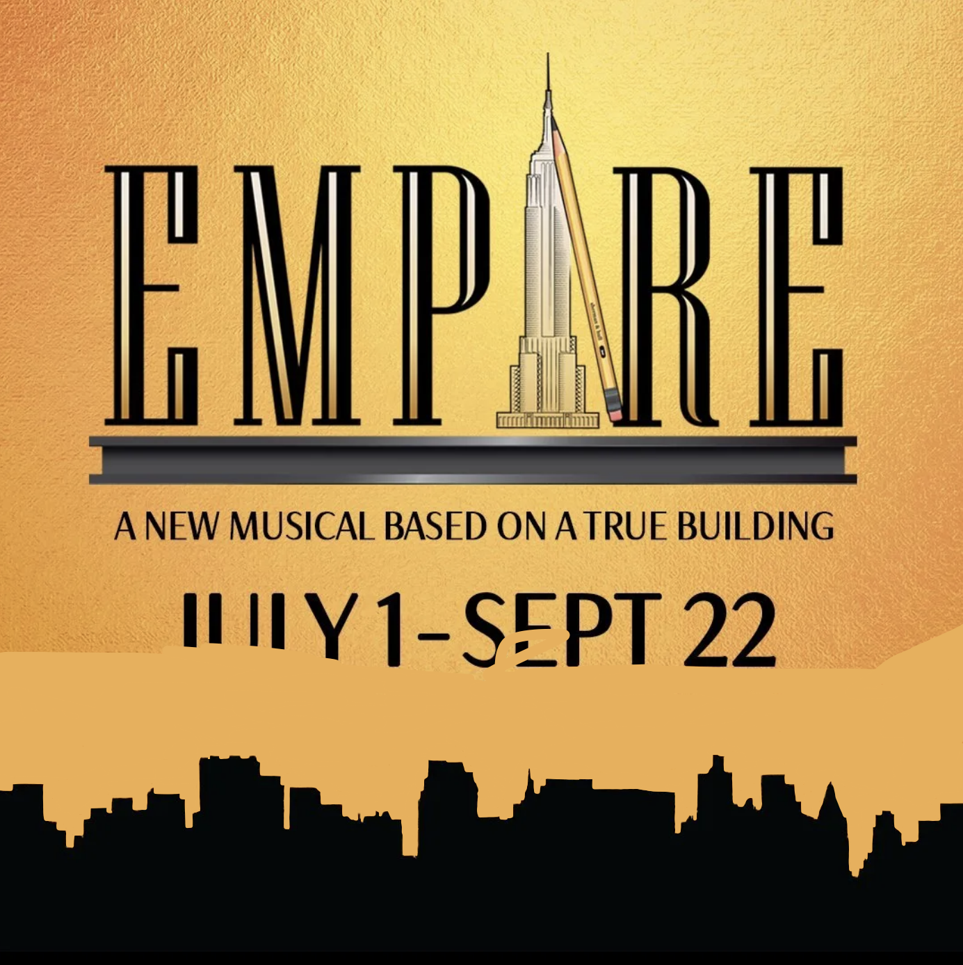 Promotional graphic for the musical 'Embrace,' featuring the Empire State Building with a paintbrush, dates from July 1 to September 22, against a yellow-orange city skyline background.