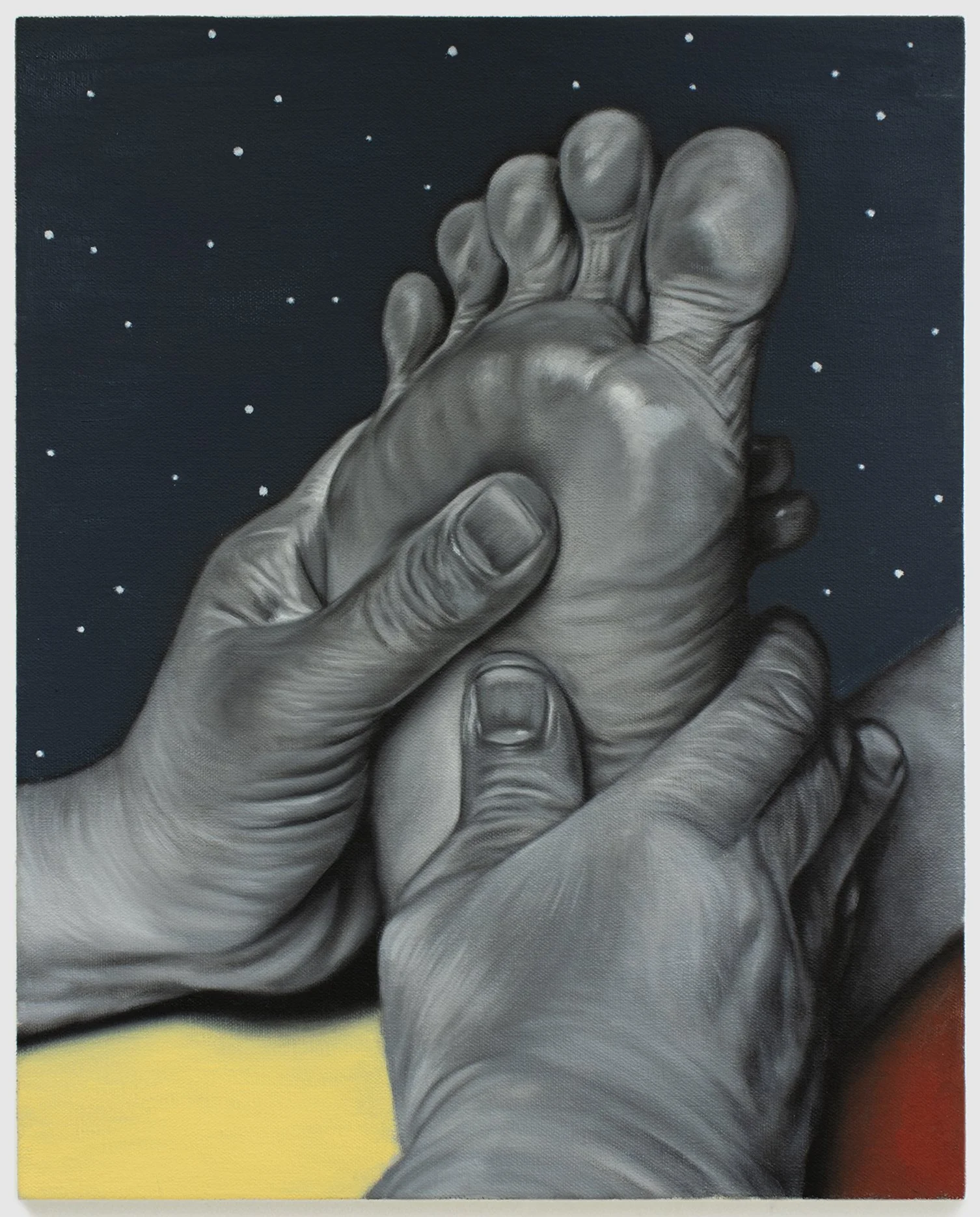 Foot Rub on a Clear Night, 2025, oil on canvas, 15 x 12"