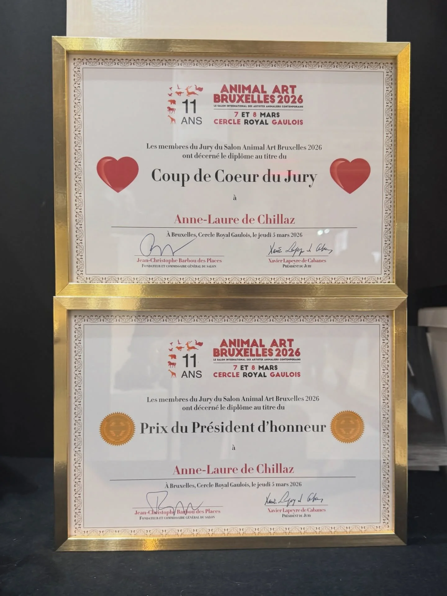 Un grand merci au Prince Michel de Ligne pour le &laquo;&nbsp;prix du pr&eacute;sident d&rsquo;honneur&nbsp;&raquo; qu&rsquo;il m&rsquo;a d&eacute;cern&eacute;,
Et un immense merci &agrave; l&rsquo;ensemble du jury de Animal Art Bruxelles pour la dis