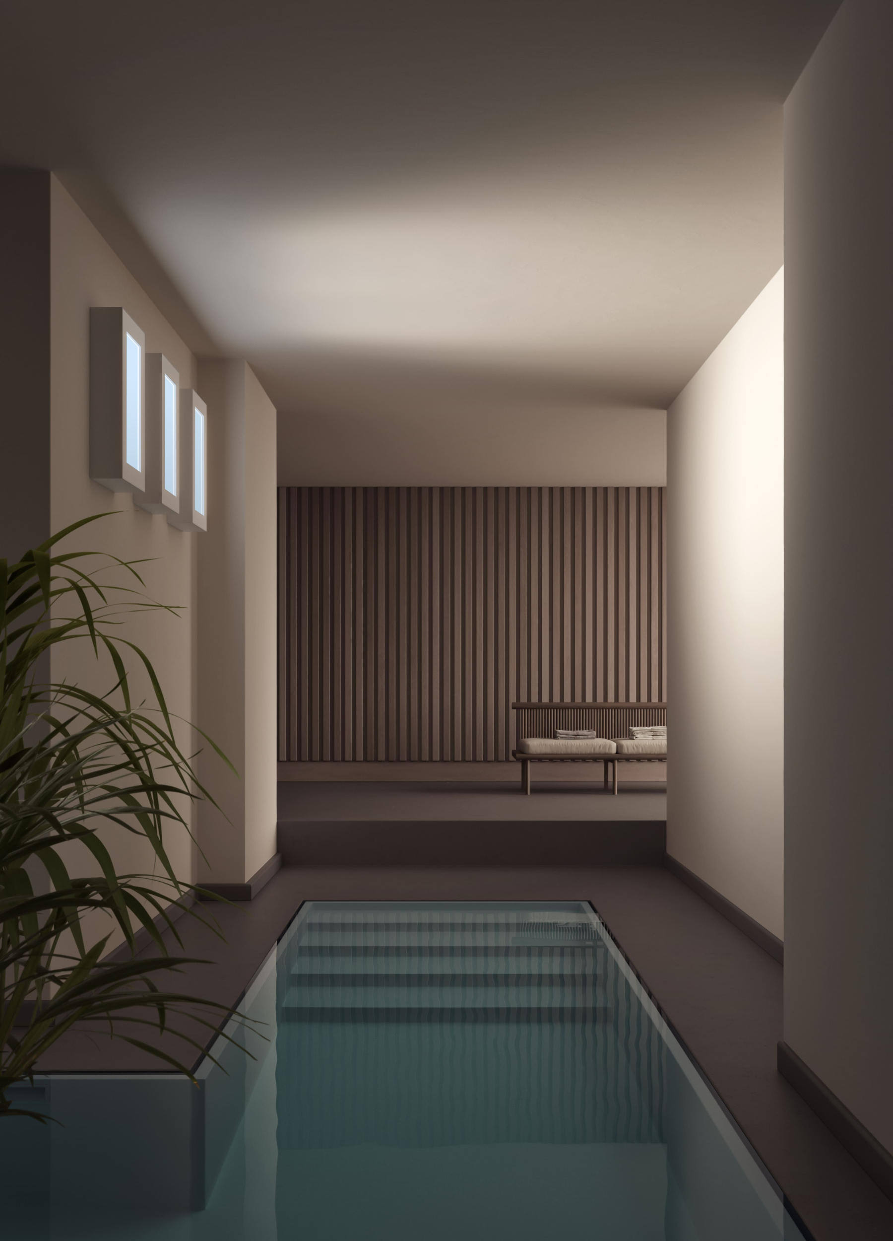 Modern inomhuspool med minimal dekoration, trävägg, bänk och växt; tre rektangulära dagsljuslampor på väggen.