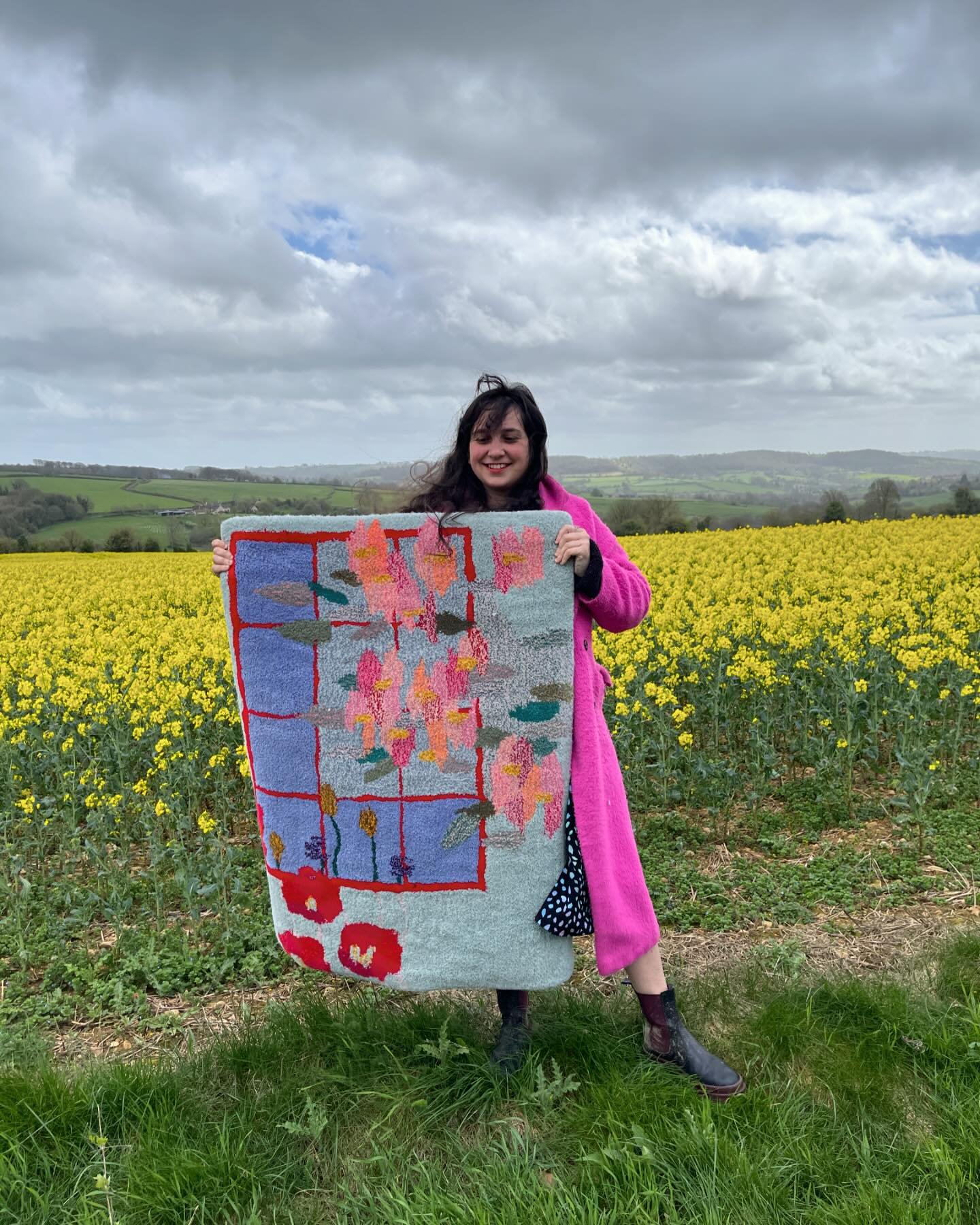 The Briar rug in a yellow field! 

The briar rug is the second floral garden rug that I made and it&rsquo;s based on the garden at Rodmarton manor. I was inspired by the roses growing over the leaded windows of the outbuildings. 

I really love appro