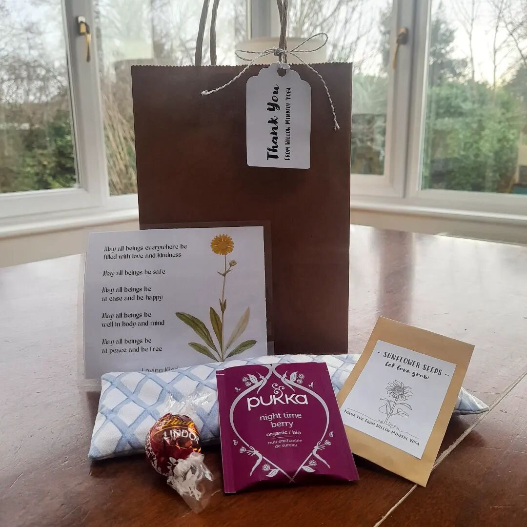 Everyone loves a goodie bag.  Here is what our Loving Kindness Half Day Yoga Retreat goodie bag included: handmade eye pillow, sunflower seeds, herbal tea, Loving Kindness Meditation script and chocolate.

Hopefully everyone who came enjoyed their go