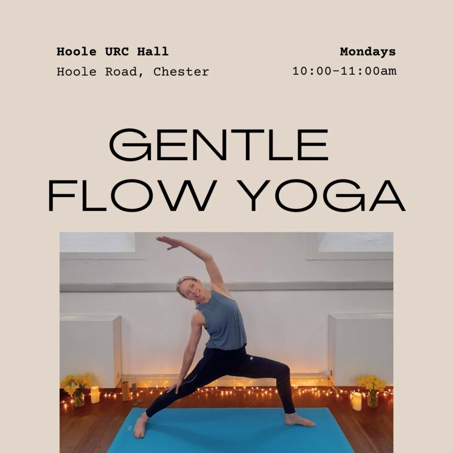 This Monday, 5th January at 10am yoga returns to Hoole URC.

Join us for a lovely, gentle flow class.  All levels and experience (including no yoga experience) welcome.

Just &pound;8 per class.  Pay via cash, card or bank transfer - details on booki
