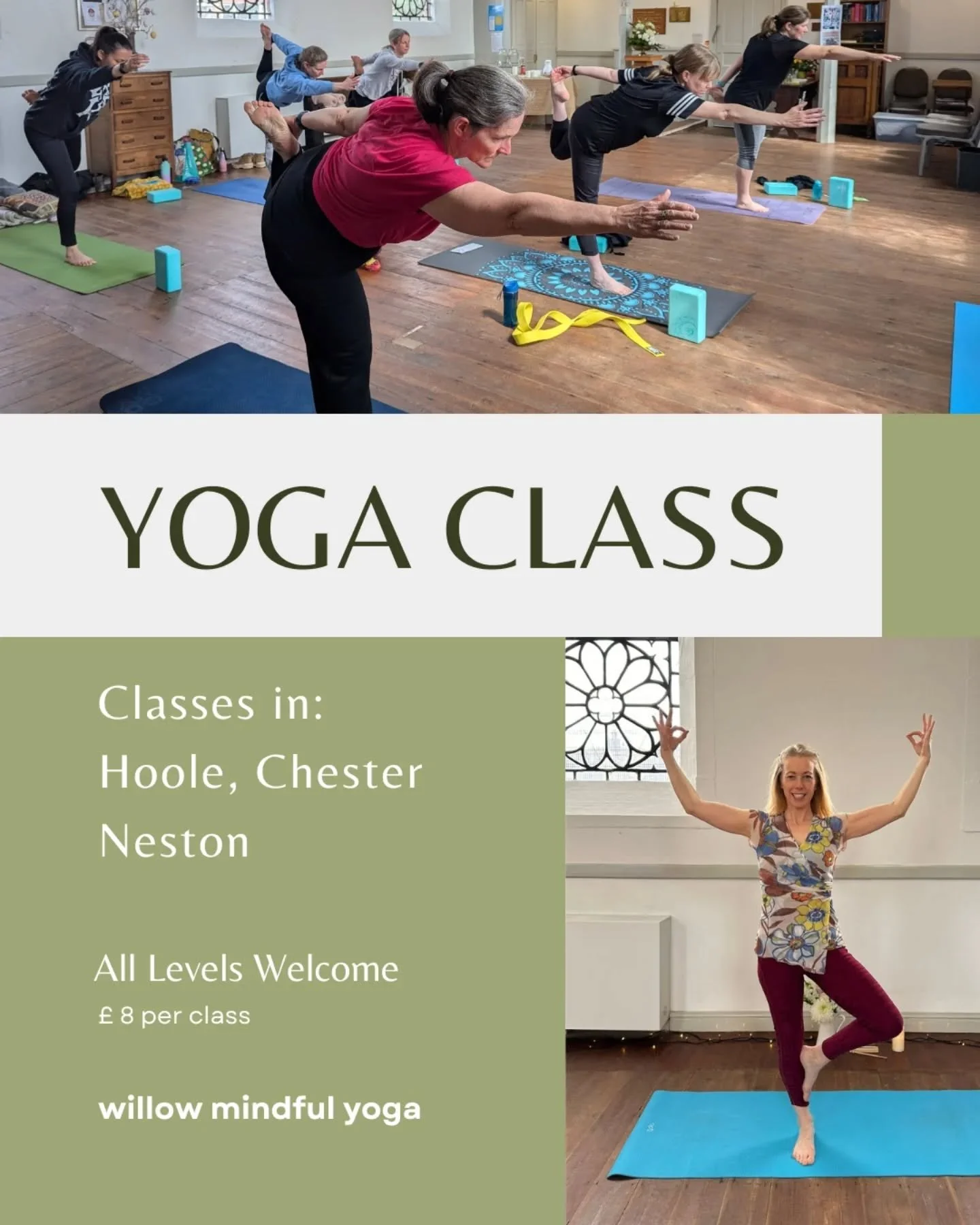 I teach flow yoga classes in Hoole and Neston, and I invite you to join a class!

Here are my class times and locations:

Monday - Hoole URC Hall
10-11am 
Gentle Flow Yoga

Wednesday - Neston CYC
6-7pm and 7:30-8:30pm
Flow Yoga

Thursday - Hoole Comm