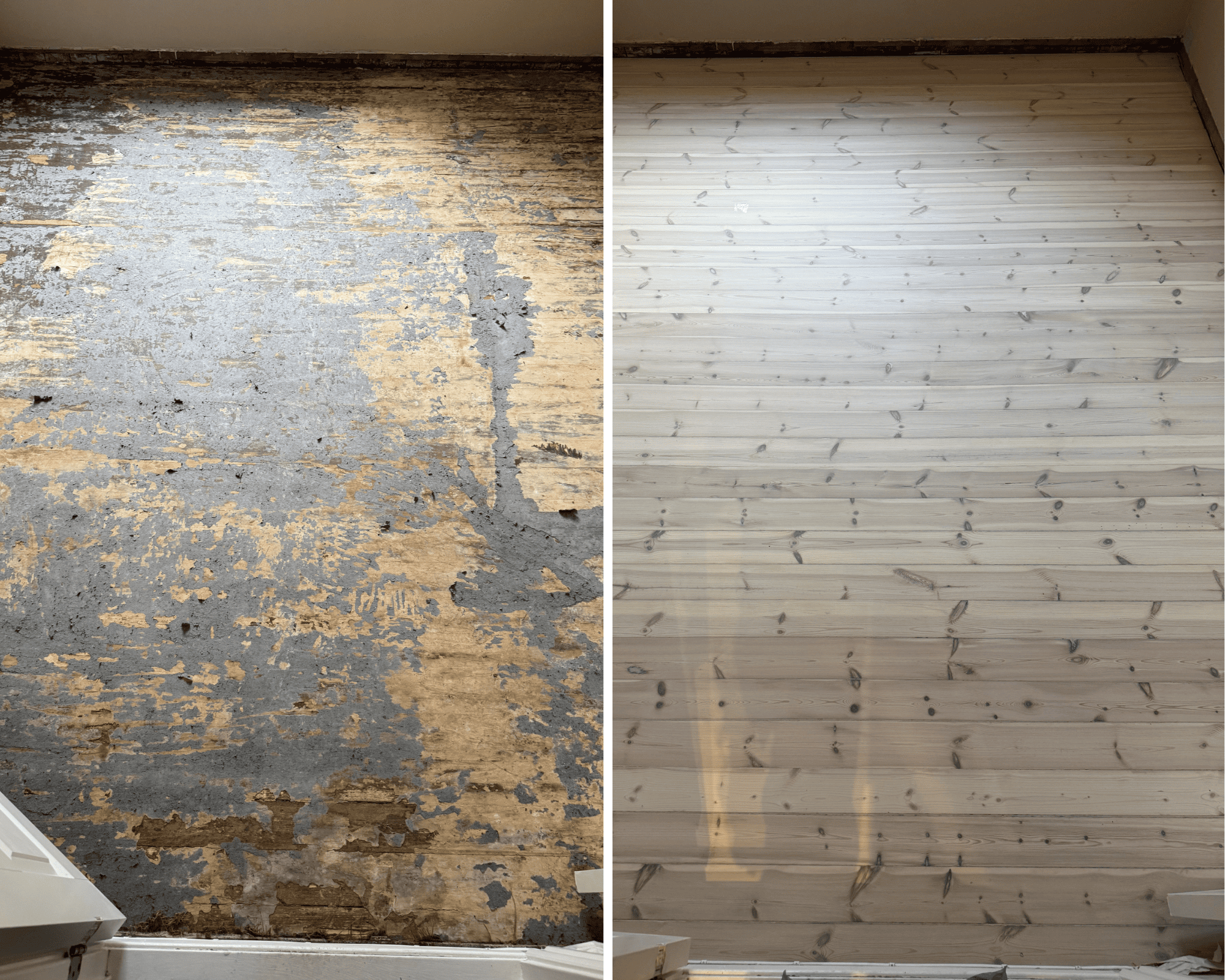 Før og etter gulvsliping, og behandling av sprekker, hvitpigmentering og lakkering