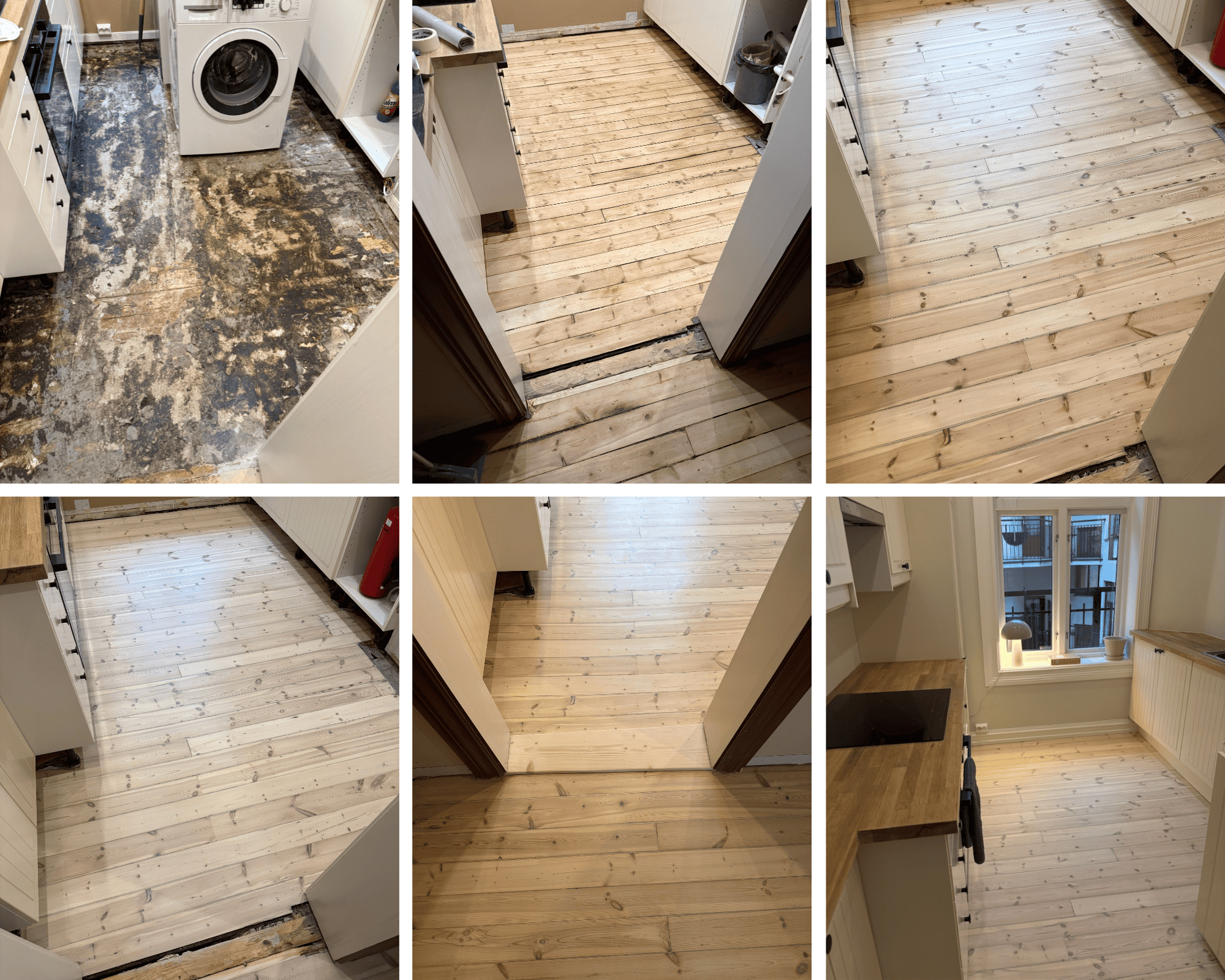 Før og etter gulvsliping, og behandling av sprekker, hvitpigmentering og lakkering