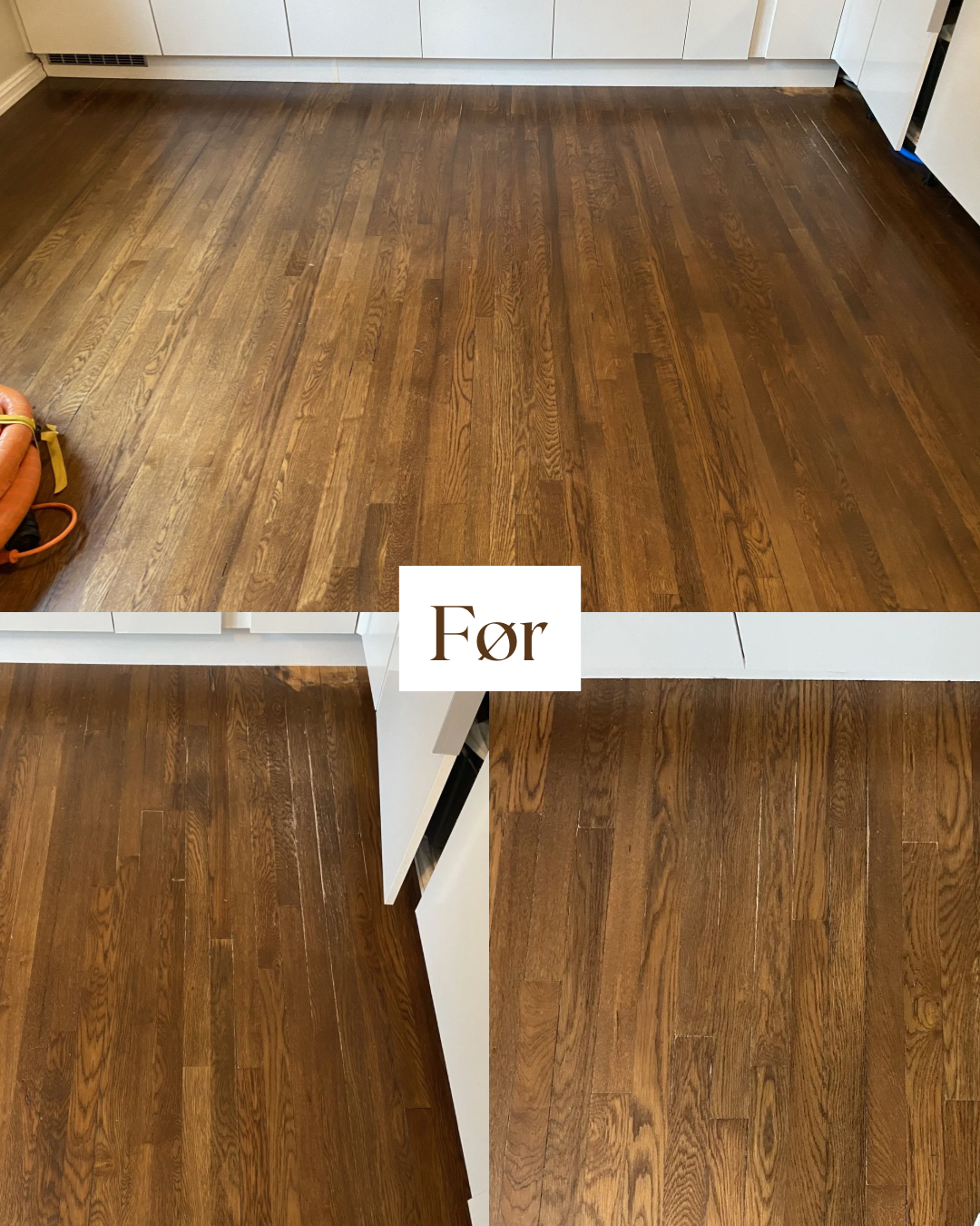 Vannskadet tregulv før sliping etter vannlekkasje på kjøkkenet Majorstuen