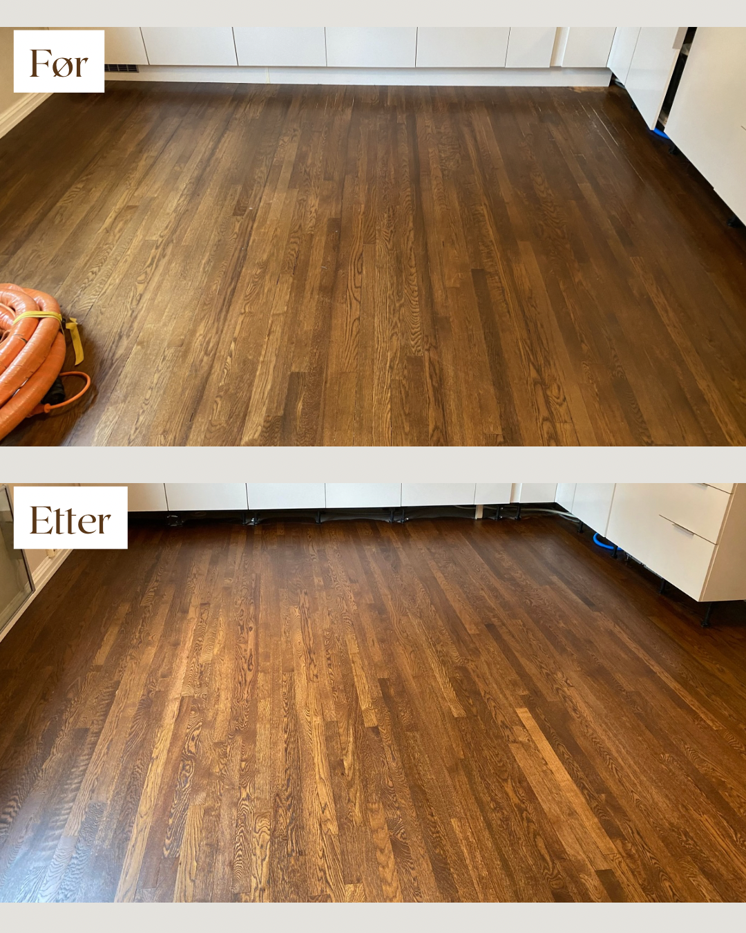 Før og etter gulvsliping og tilpasning av fargen
