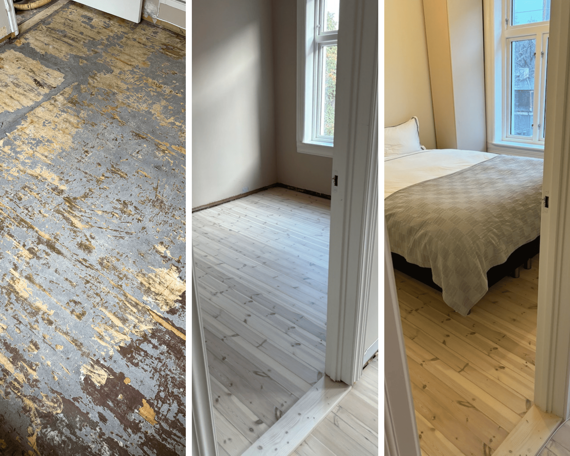 Fornyelse av originalt furugulv som ble dekket