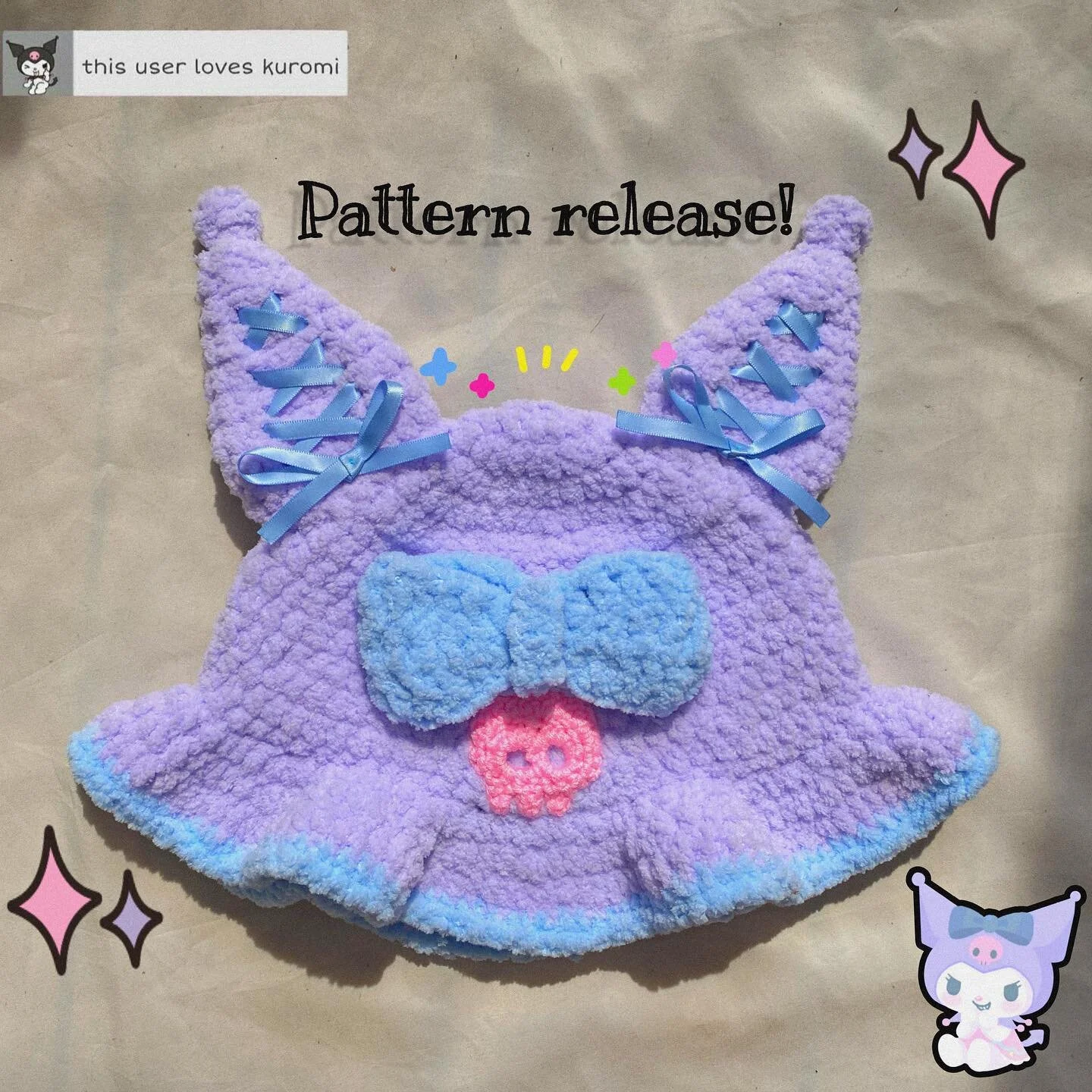 PATTERN RELEASE!! Skull bucket hat pattern inspired by Kuromi is finally out. It has detailed instructions to make the best seller hat in my shop and also includes both versions of my design: basic and lolita. 😊💖

Pick your color in the last slide 