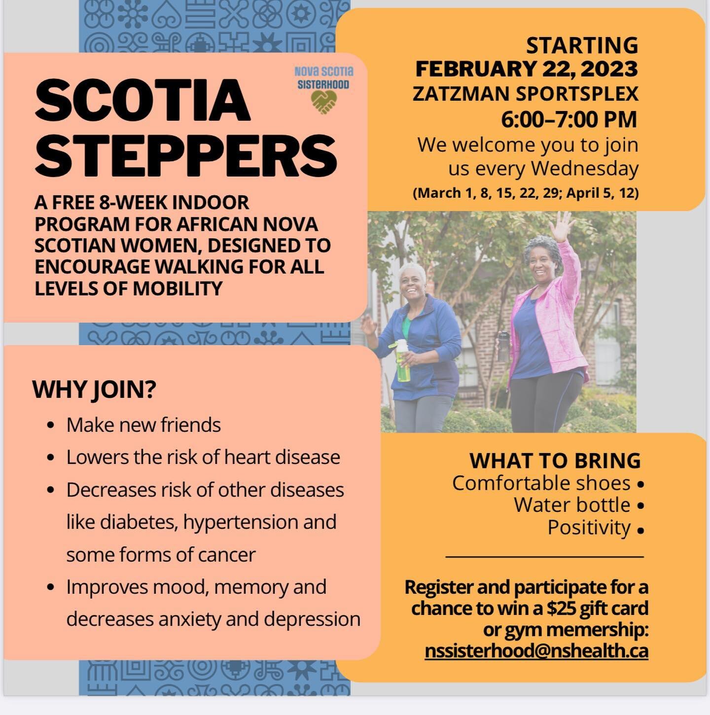Did you know the NS sisterhood is hosting a free indoor walking program on Wednesdays at the @zsportsplex !

This program is for African Nova Scotian women. 

Here is a great way to slowly increase your physical activity, improve your overall health 