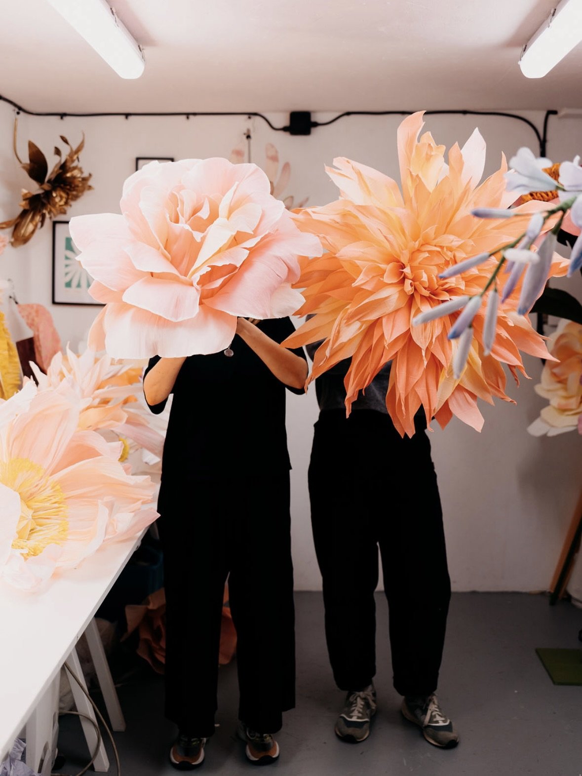 Giant handmade paper rose and paper dahlia, made in the UK for events and photoshoots