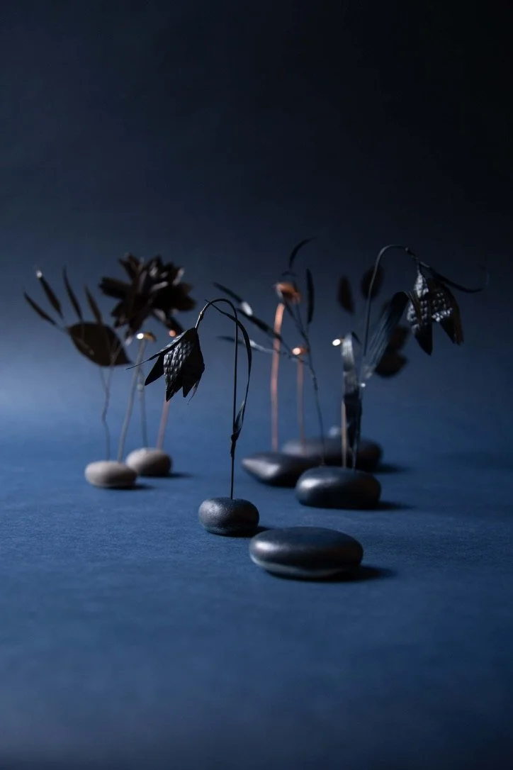Dark moody handmade flowers made from metal. Handmade by Fiona Coupe Studio
