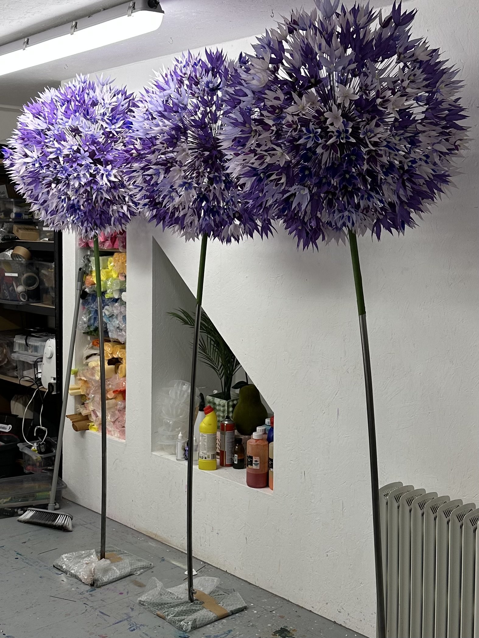 Giant allium paper flowers for Bichester village window displays 