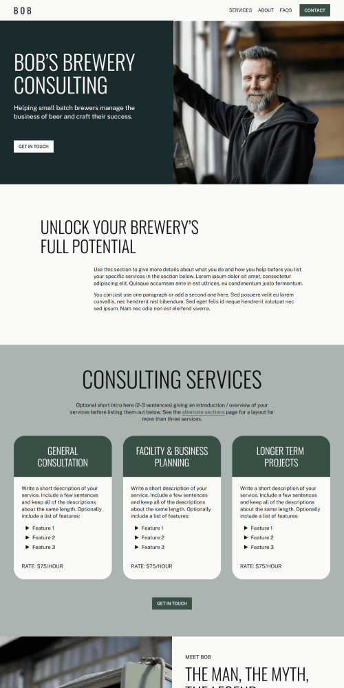 Screenshot of Bob's Brewery Consulting website showing a man in a brewery, with text about consulting services for small batch brewers.