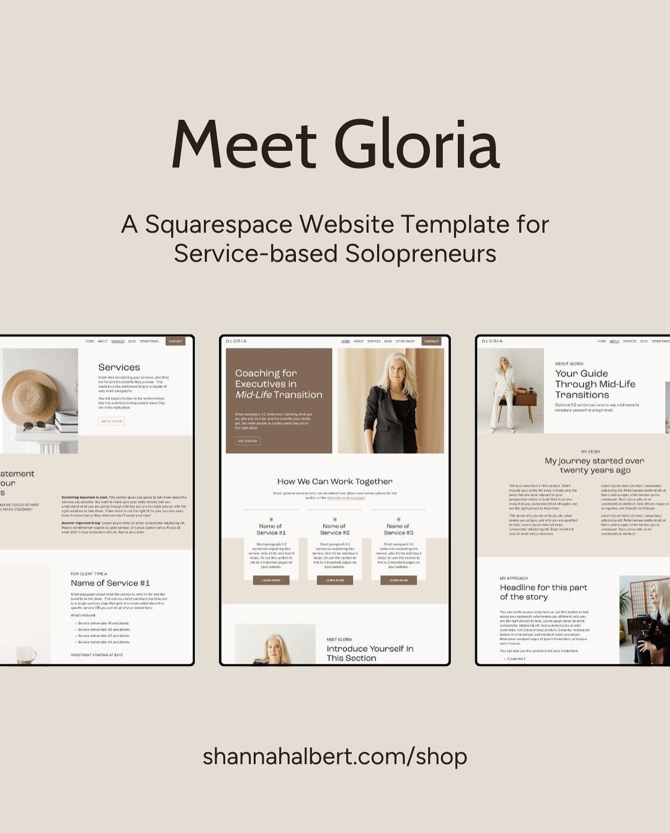 Meet Gloria! A multi-page Squarespace template for service-based solopreneurs. With 14 pages, multiple options for your main pages (Home, About, Services) and mix-and-match sections, Gloria is many templates in one! You also get a comprehensive cours