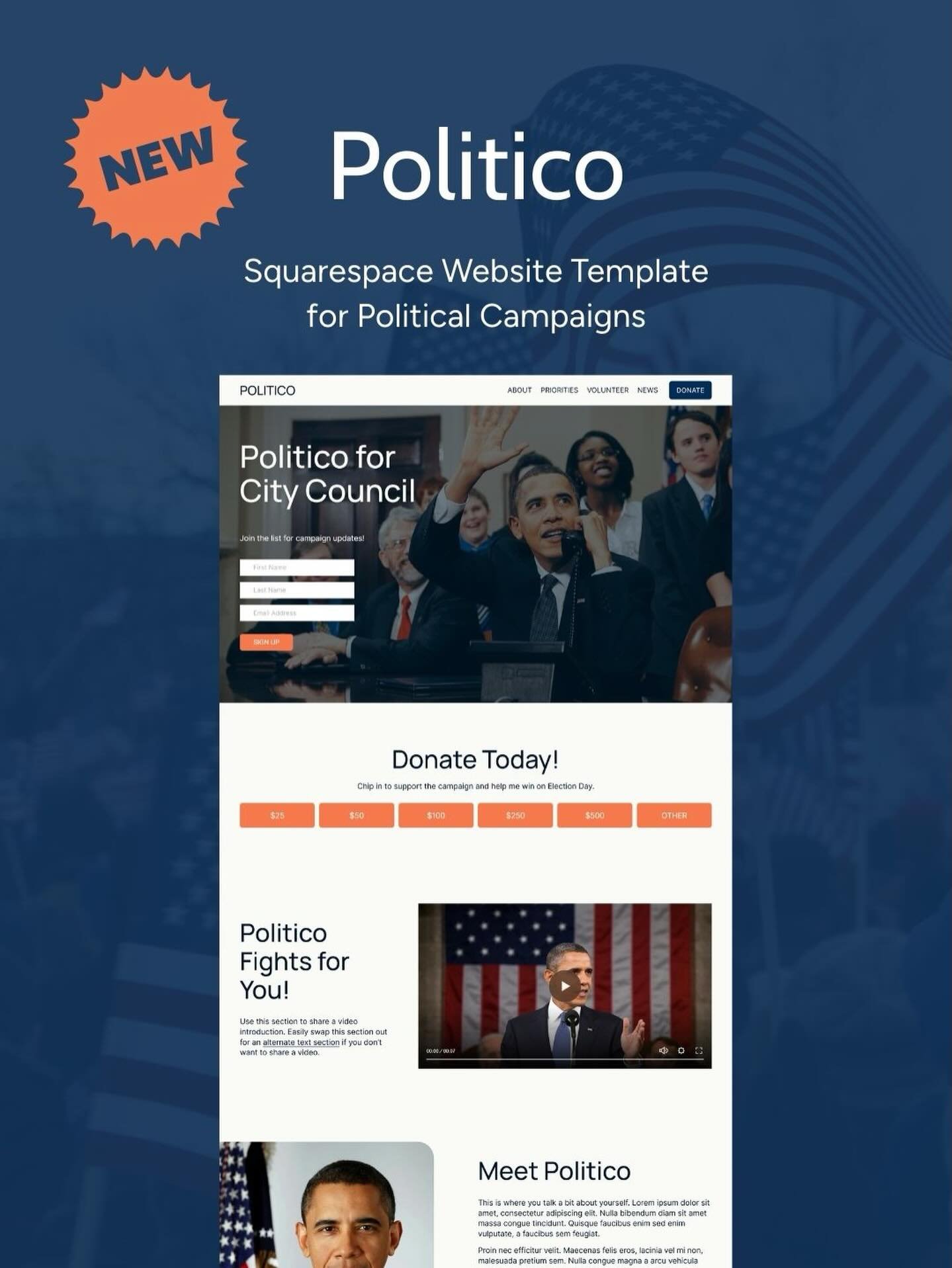 Meet Politico! 🚀 My latest Squarespace template is a one page website for political campaigns. Launch fast with everything you need to start collecting donations, share your platform, and build your email list! Politico comes with step-by-step tutor