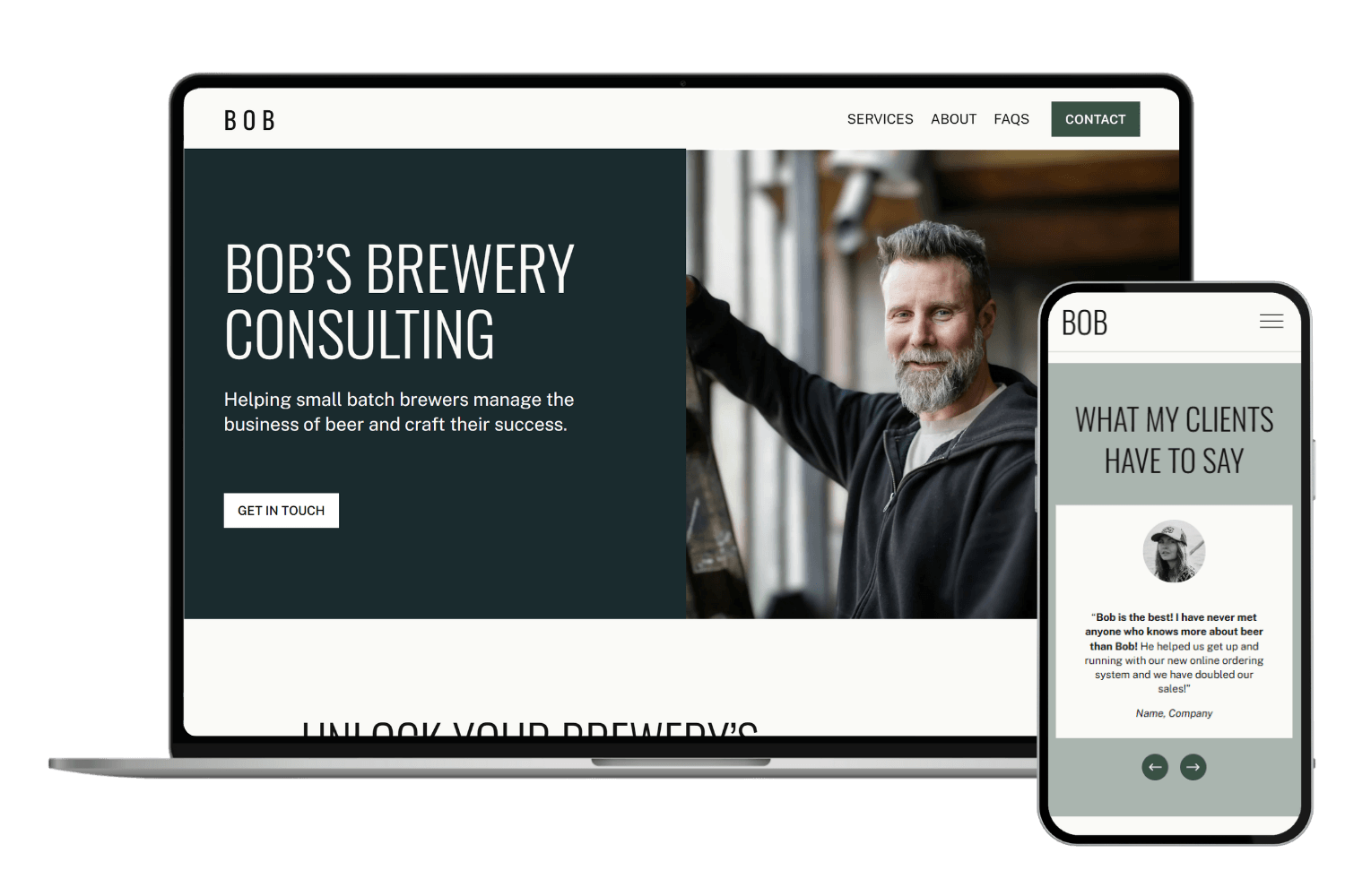 Mock-up of a laptop and mobile phone with the services and about sections Bob website template displayed.