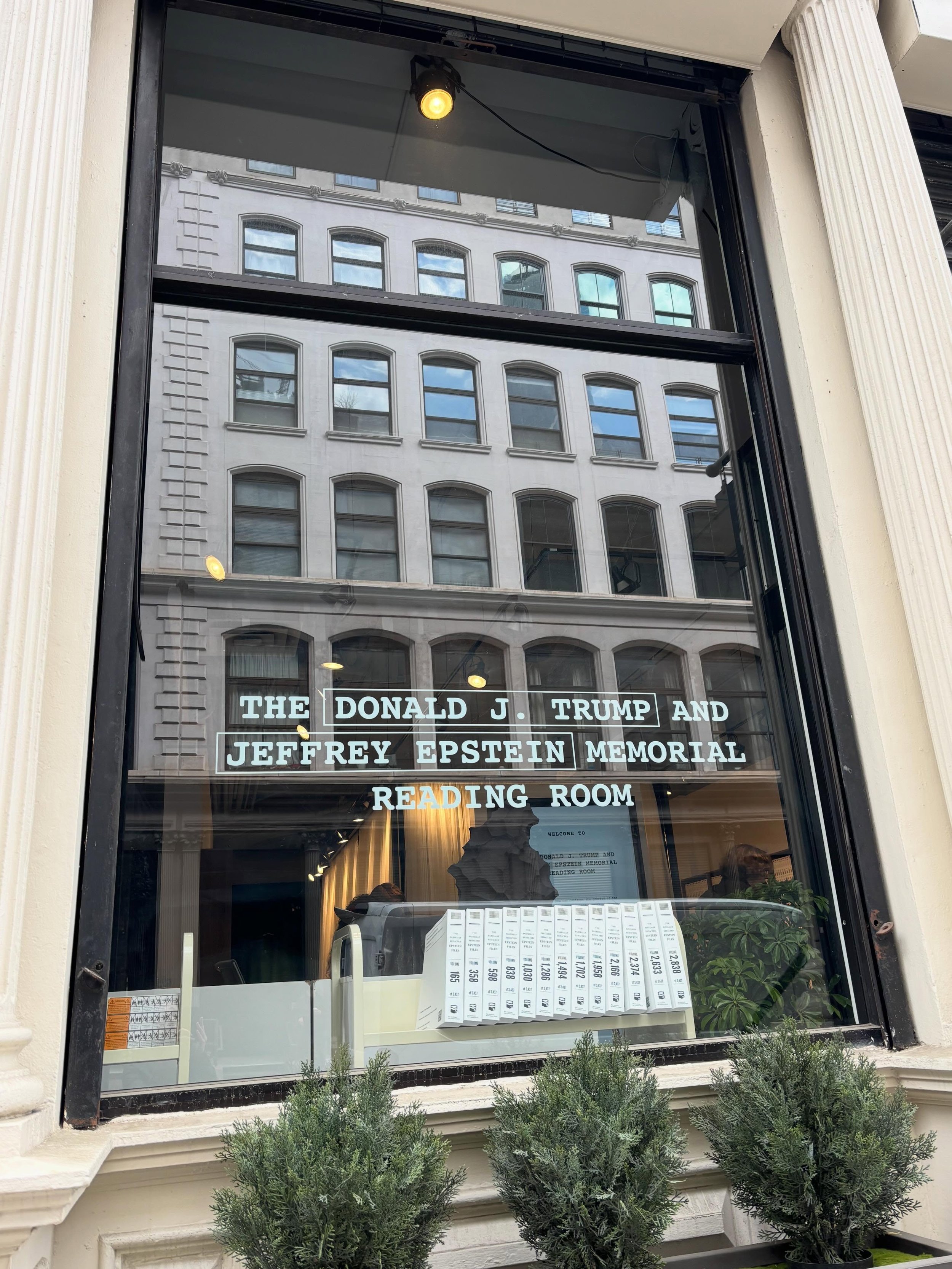 I visited the The The Donald J. Trump and Jeffrey Epstein Memorial Reading Room today in Tribeca. The original plan was for people to read the 3.5 million files bound in 3,400 volumes. But they weren&rsquo;t able to redact the victims names sufficien