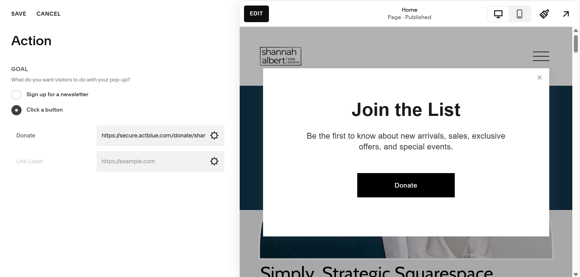 Screenshot of Click a Button Action with gray-border
