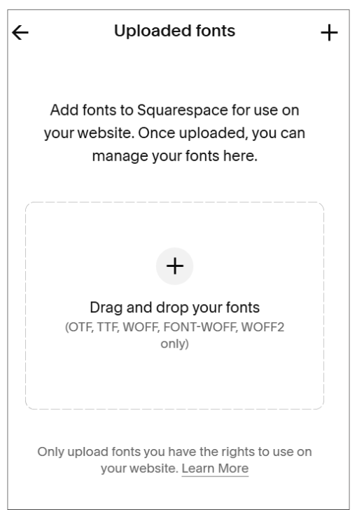 Screen shot of the panel where you upload your fonts in Squarespace.