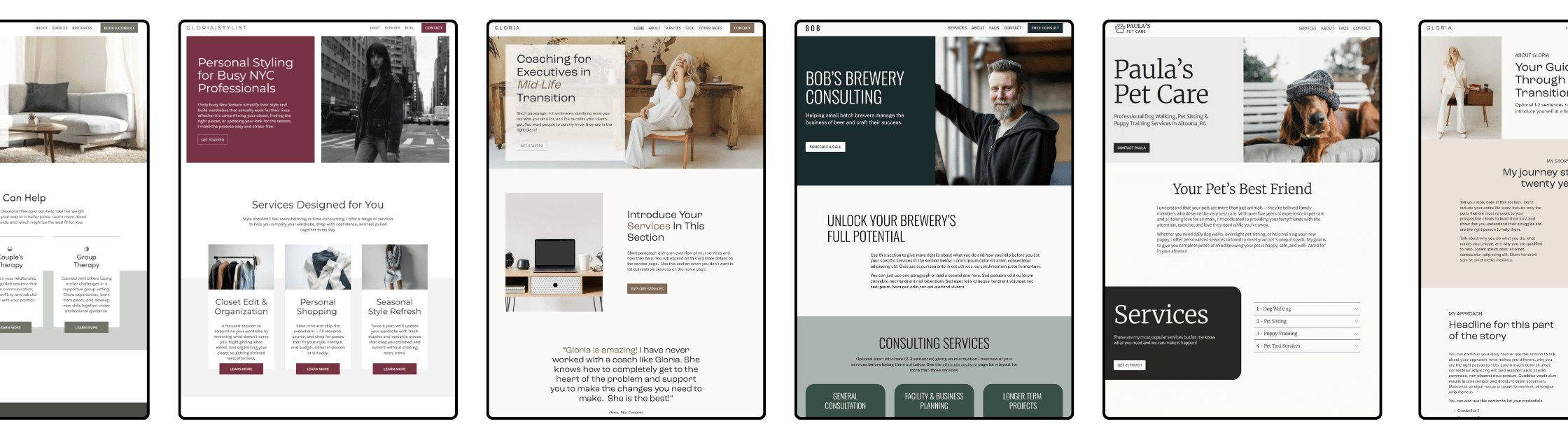 A digital collage of five website homepage designs, each featuring different services such as personal styling, coaching, consulting, pet care, and psychology.
