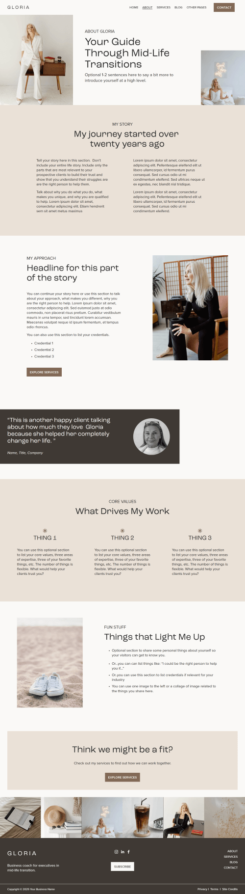 Web design layout featuring images of a woman in white clothing, a woman holding a coffee mug, and various lifestyle and professional themes.