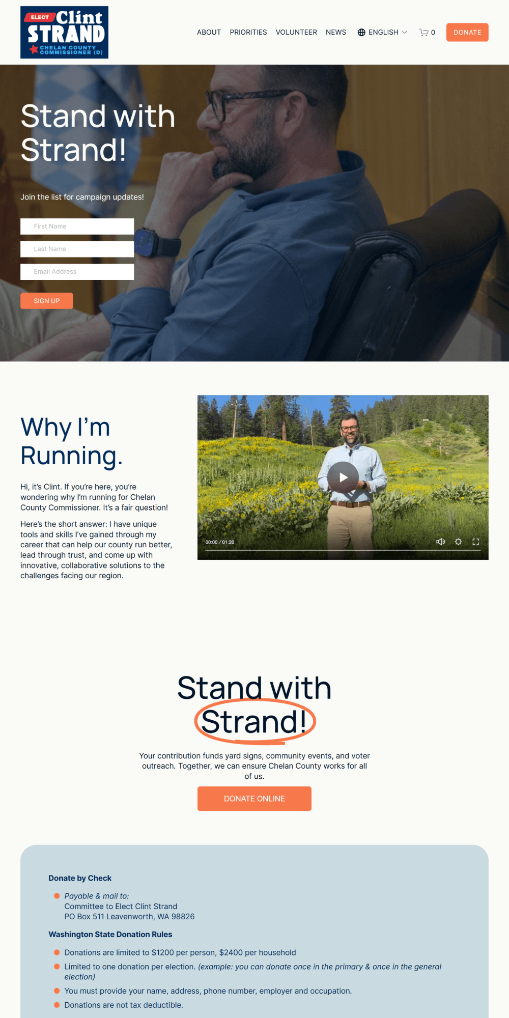 Clint Strand for County Commissioner website screenshot with gray-border