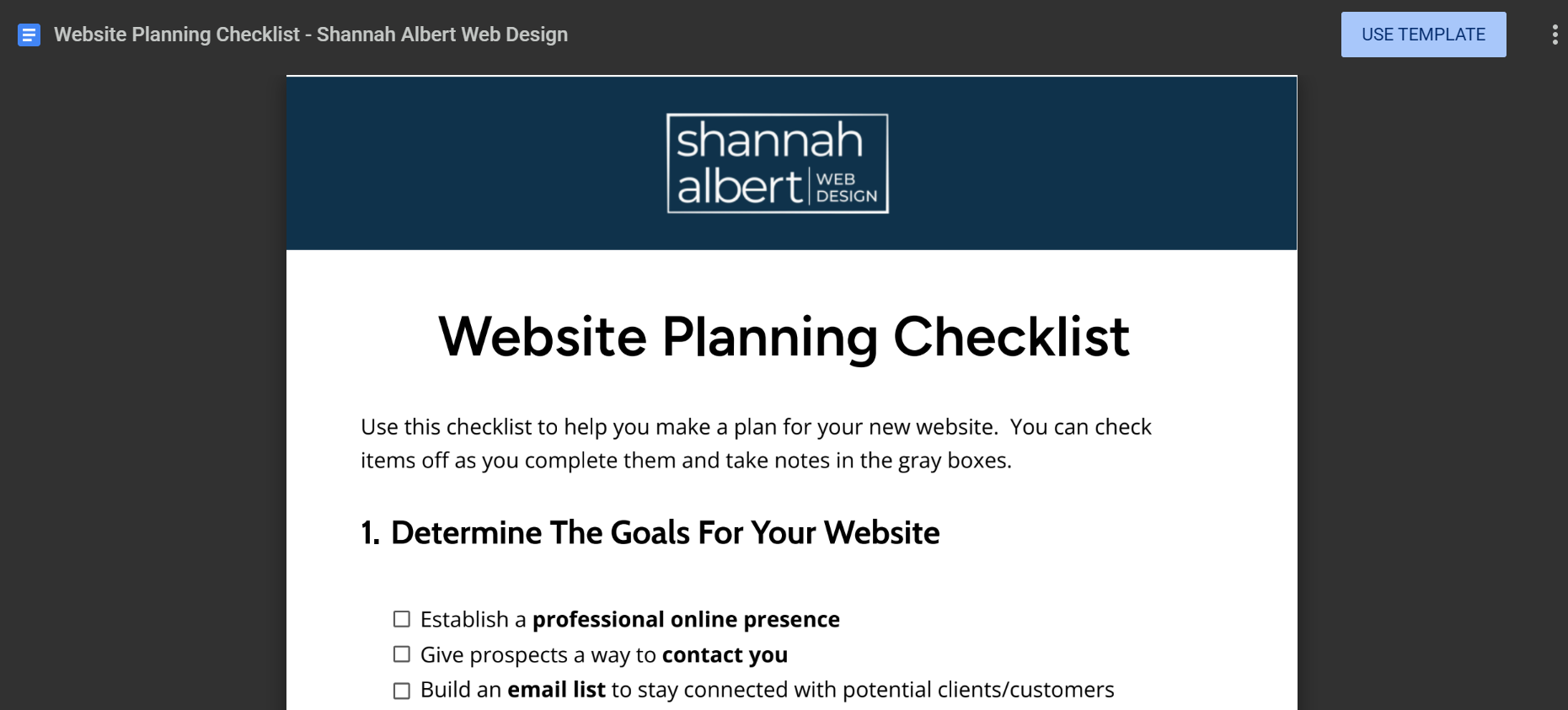 Screen shot of a google doc shared as a template