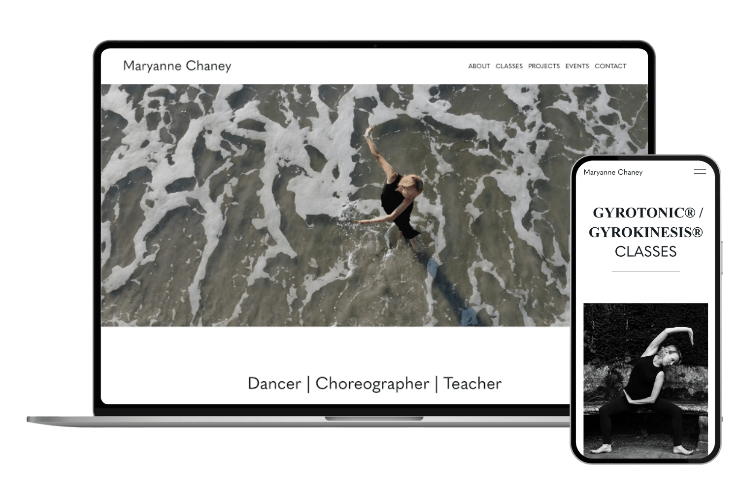 Mock-up of Maryanne Chaney's website on a laptop and IPhone