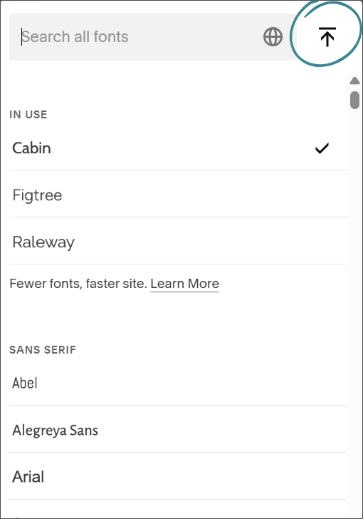Screen shot of the font selection panel with the upload font icon circled in green.