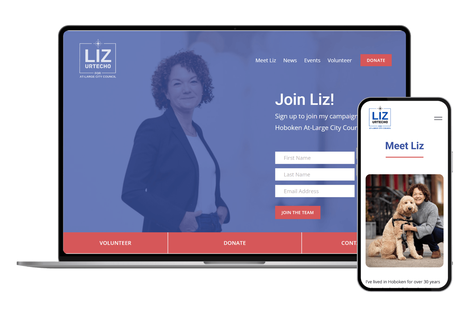 Liz Urtecho for City Council Website Mock Up on Laptop and IPhone