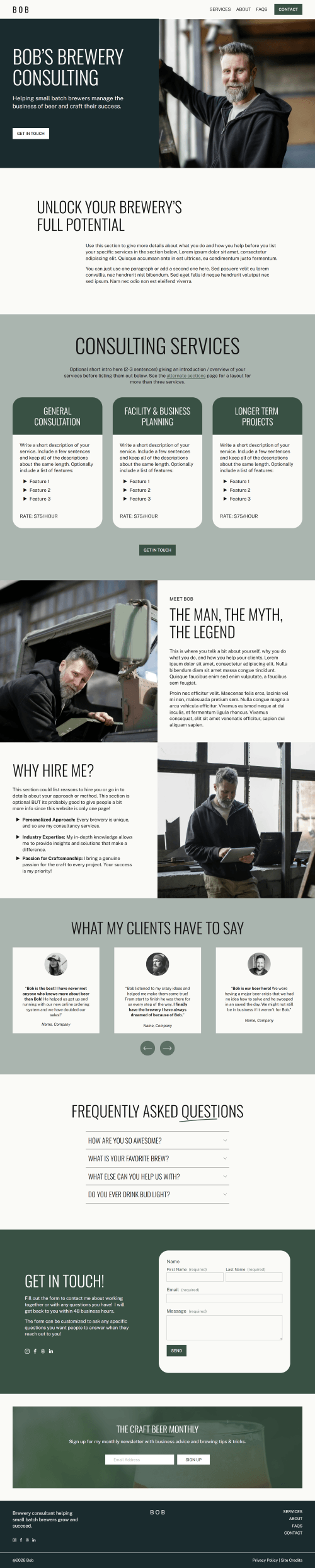 A professional website homepage for Bob's Brewery Consulting featuring a man with a beard and gray hair in a black hoodie, standing in a brewery. The page highlights consulting services for breweries, client testimonials, and contact information.