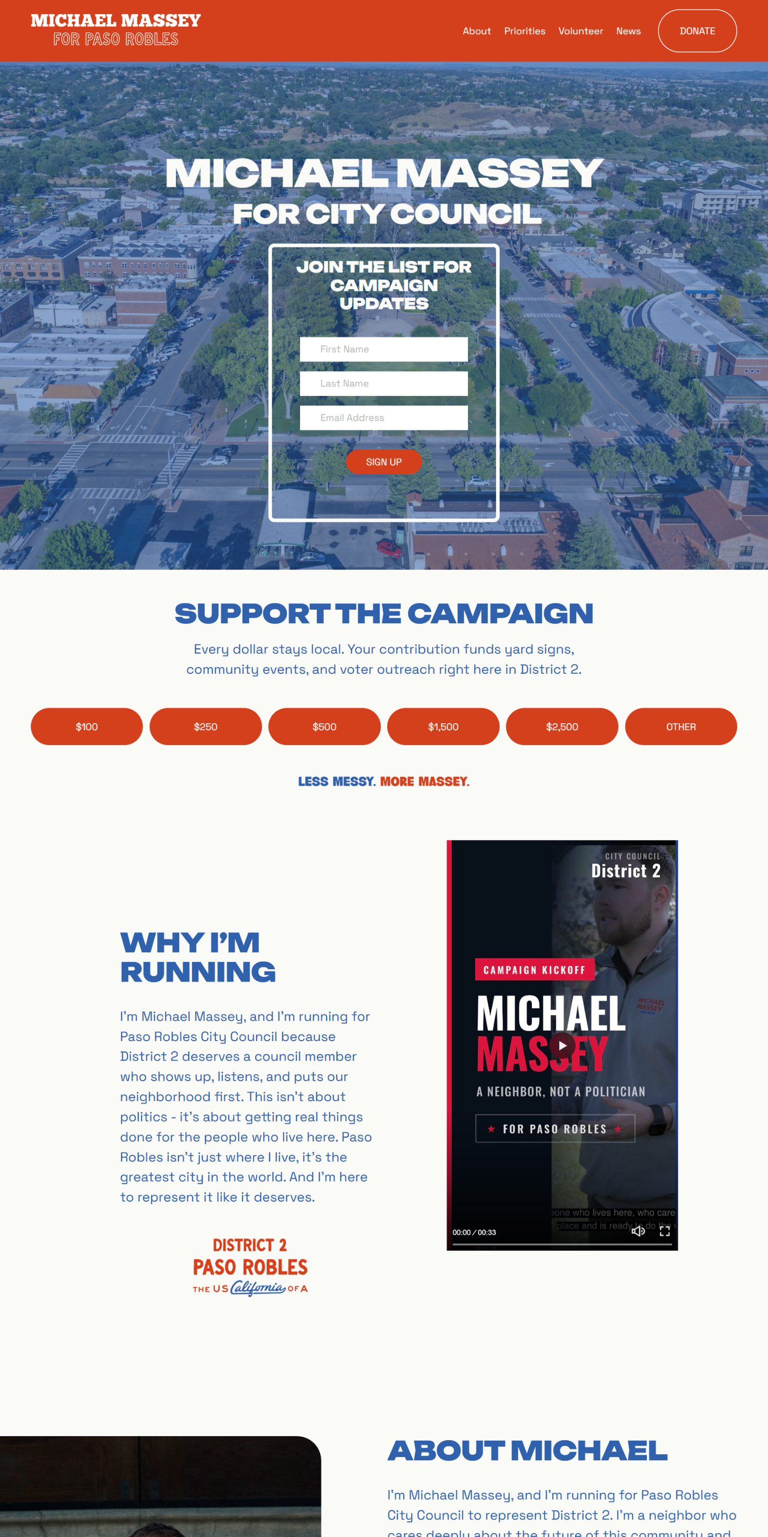 Michael Massey for City Council website screen shot with gray-border
